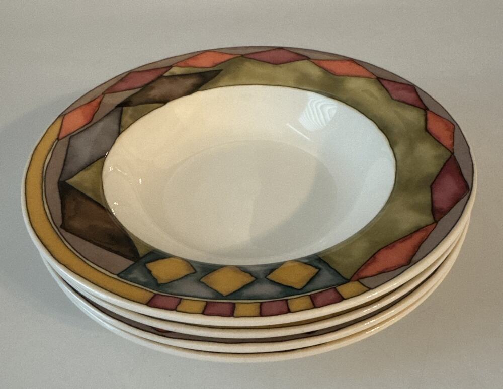 Sasaki Japan PALAZZO Rimmed Soup Bowls 8.75” Geometric Pattern Set of 4